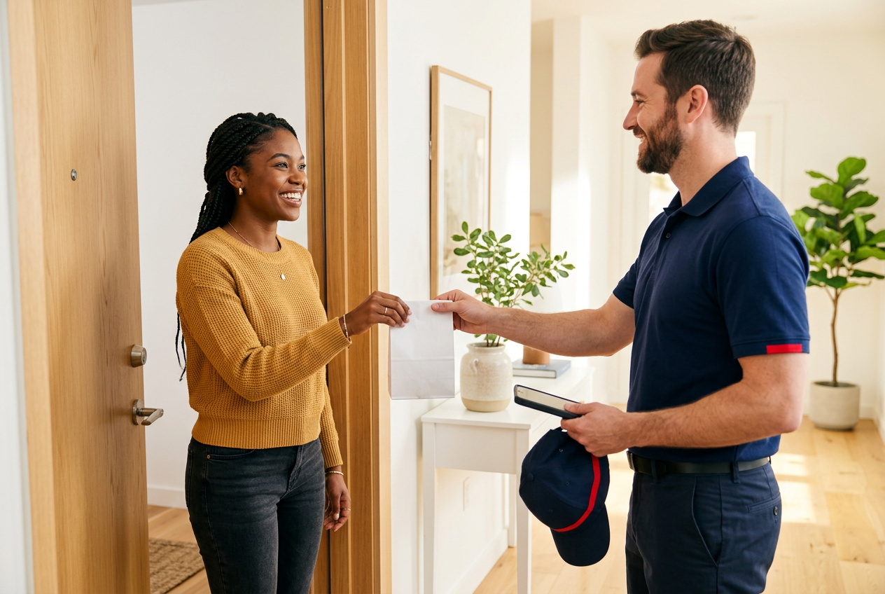 A VitalCare Express courier handing a sealed pharmacy bag to a smiling customer at her apartment door