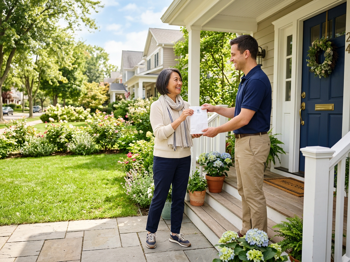 A woman on her front porch receiving a pharmacy bag from a VitalCare Express courier