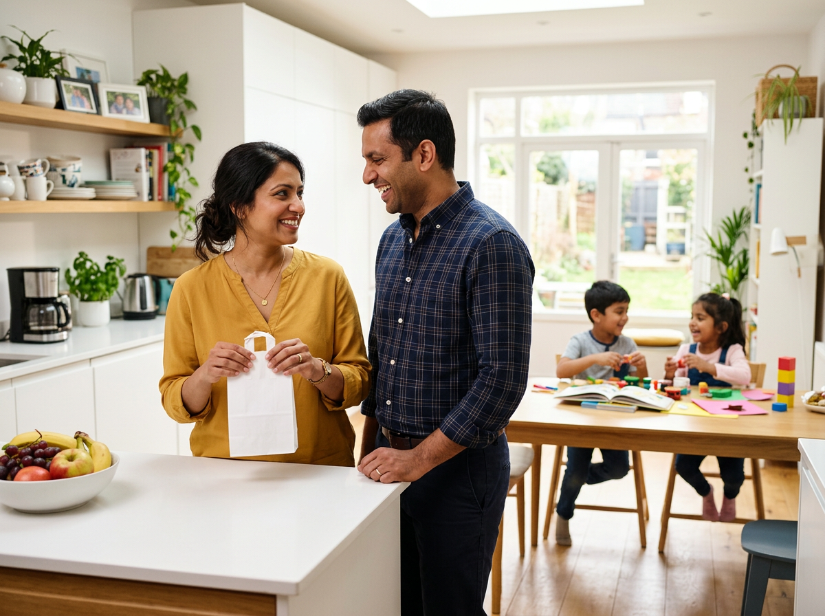 Parents in their kitchen holding a delivered pharmacy bag while their kids play nearby
