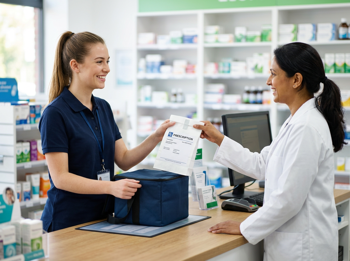 A VitalCare Express courier collecting a sealed prescription bag from a pharmacist at the counter