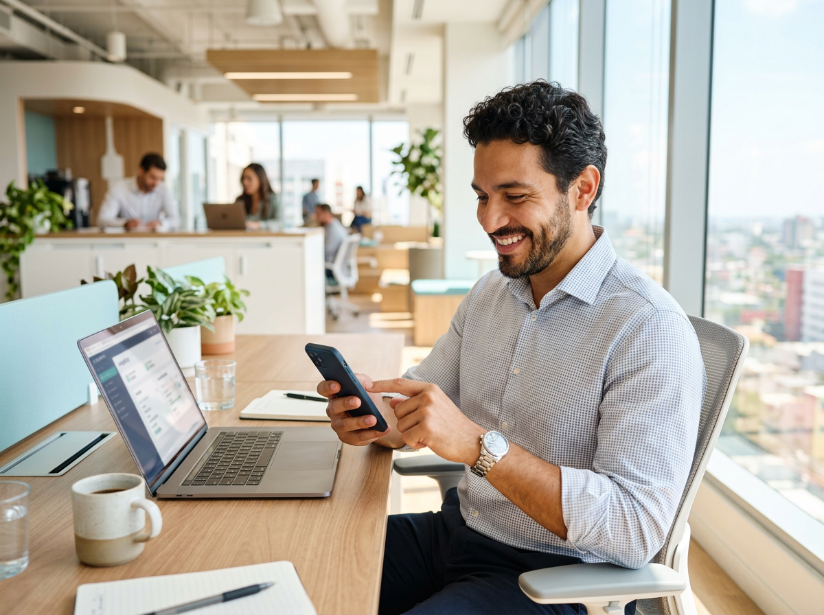 A man at his office desk scheduling a prescription delivery on his phone